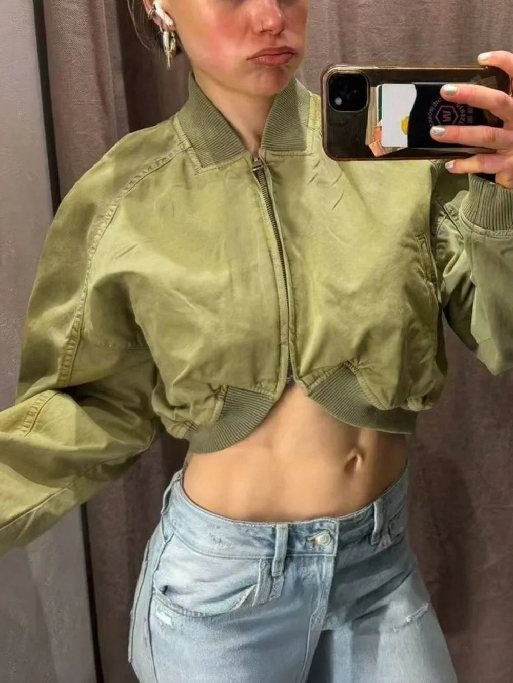 Green Casual Women's Short Loose Zip-Up Bomber Jacket